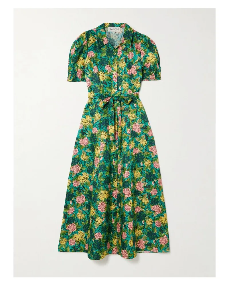 Saloni Vanessa D Midi-hemdblusenkleid Aus Bedruckter Seide Mit Bindegürtel - Grün Grün