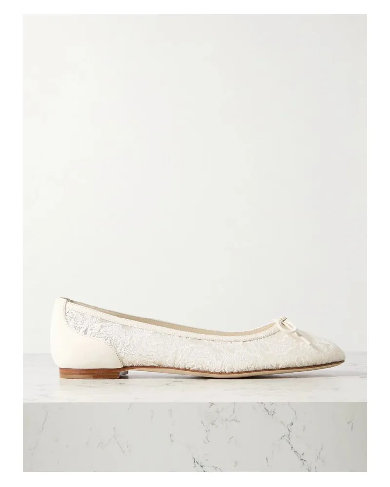 Manolo Blahnik Verizzo Ballerinas Aus Spitze Aus Einer Baumwollmischung Mit Velourslederbesätzen Und Schleife - Elfenbein Elfenbein