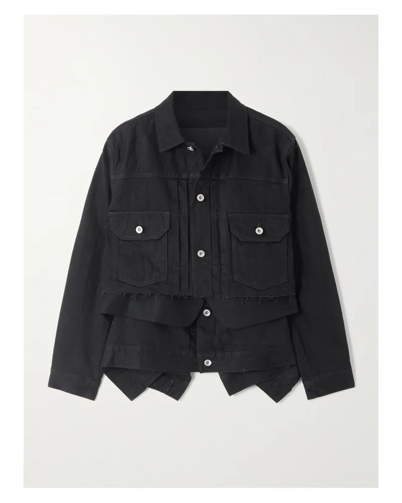 Sacai Mehrlagige Jeansjacke Mit Besätzen Aus Wollfilz Und Fransen - Schwarz Schwarz