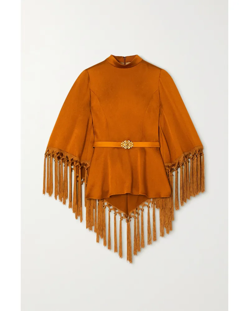 Andrew GN Bluse Aus Gehämmertem Satin Mit Cape-effekt, Gürtel Und Troddeln - Braun Braun