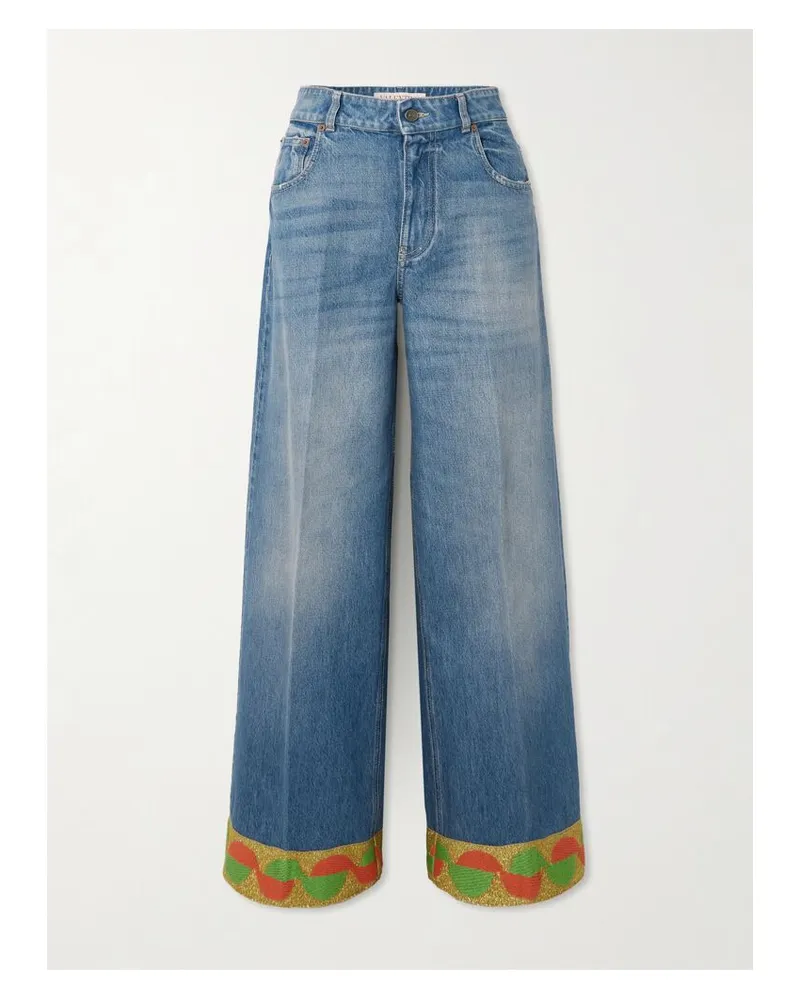Valentino Garavani Hoch Sitzende Jeans Mit Weitem Bein Und Jacquard-besätzen In Metallic-optik - Blau Blau