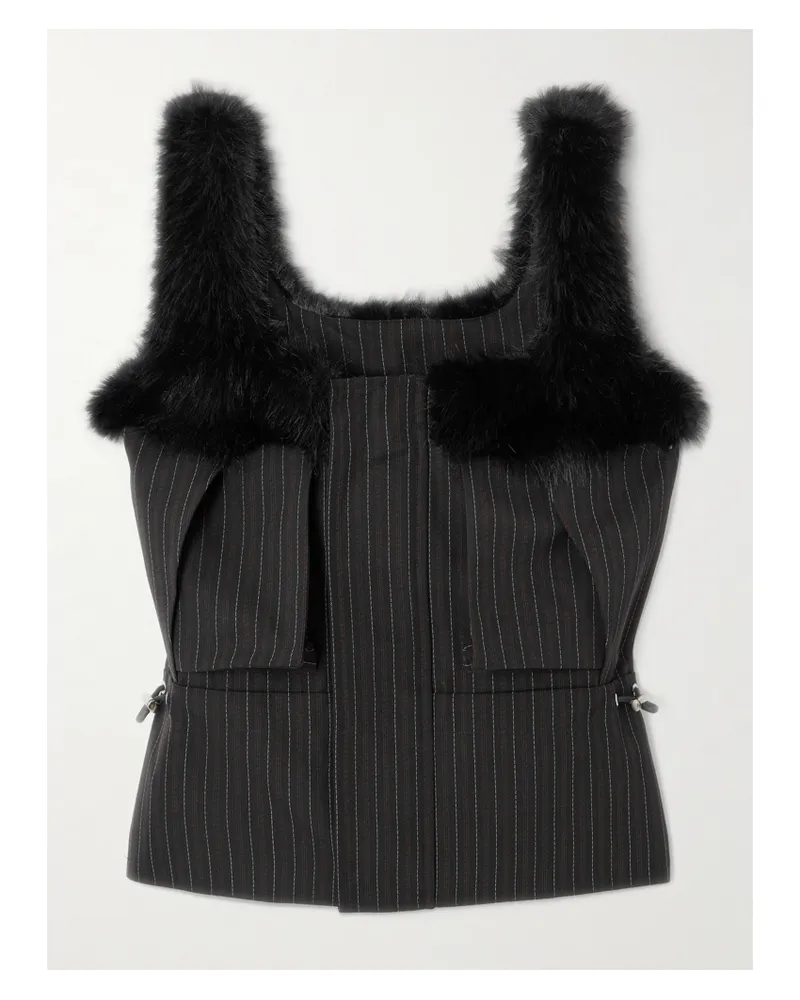 Sacai Oberteil Aus Gestreiftem Webstoff Mit Besätzen Aus Plüschmaterial - Schwarz Schwarz