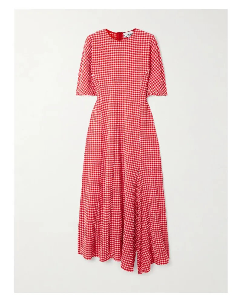 Ganni Asymmetrisches Midikleid Aus Recyceltem Seersucker Mit Gingham-karo - Rot Rot