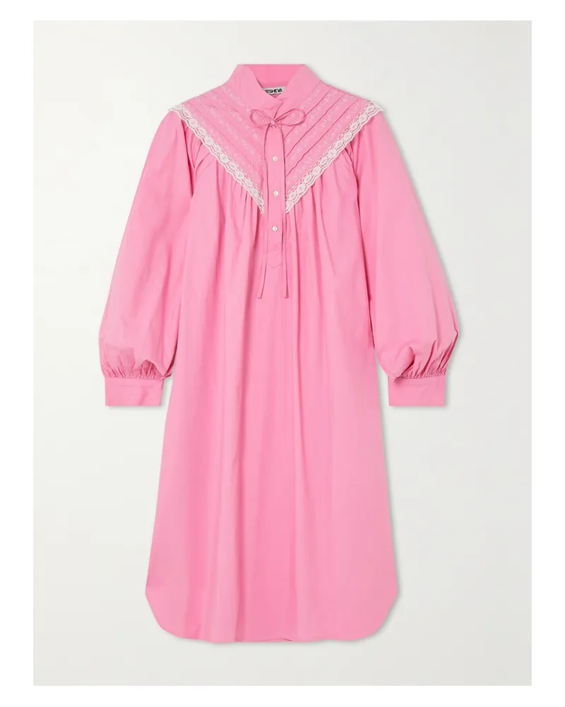 BATSHEVA Landry Kleid Aus Baumwollpopeline Mit Spitzenbesätzen, Stickereien Und Biesen - Pink Pink