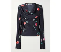 Draped Floral-print Satin Top - Black