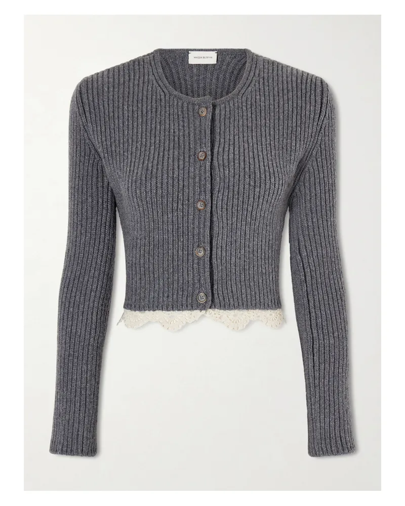 Magda Butrym Cropped Lace-trimmed Ribbed Wool Cardigan - Gray Gray