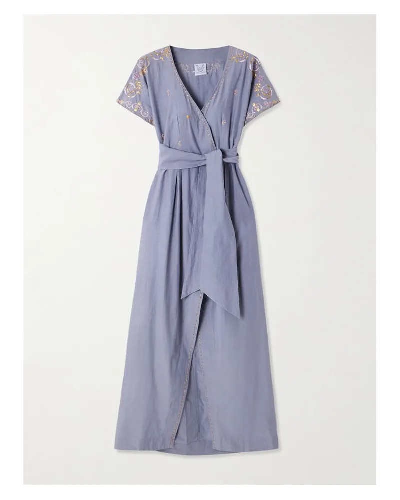 Thierry Colson Maxi-wickelkleid Aus Einer Baumwoll-seidenmischung Mit Stickereien Und Verzierungen - Blau Blau