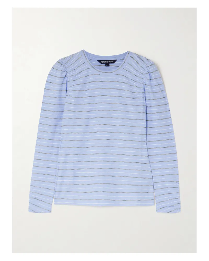Veronica Beard Bouvet Smocked Ruched Striped Pimaa Cotton T-shirt - Blue Blue