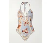 Awaken Crochet-trimmed Floral-print Halterneck Swimsuit - Blue