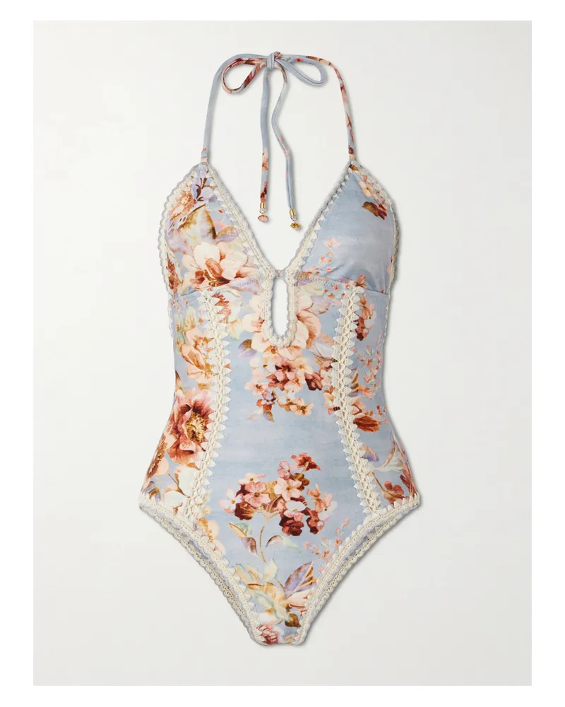Zimmermann Awaken Crochet-trimmed Floral-print Halterneck Swimsuit - Blue Blue