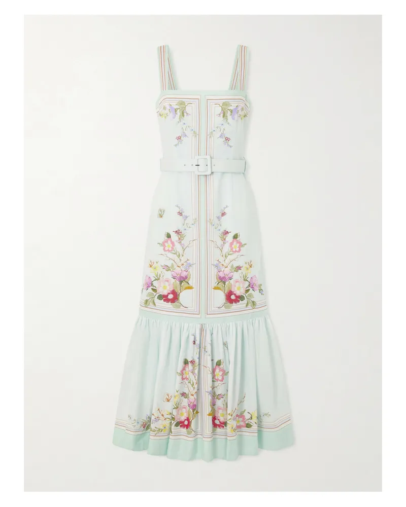 Self-Portrait Belted Floral-print Linen And Cotton-blend Midi Dress - Green Green