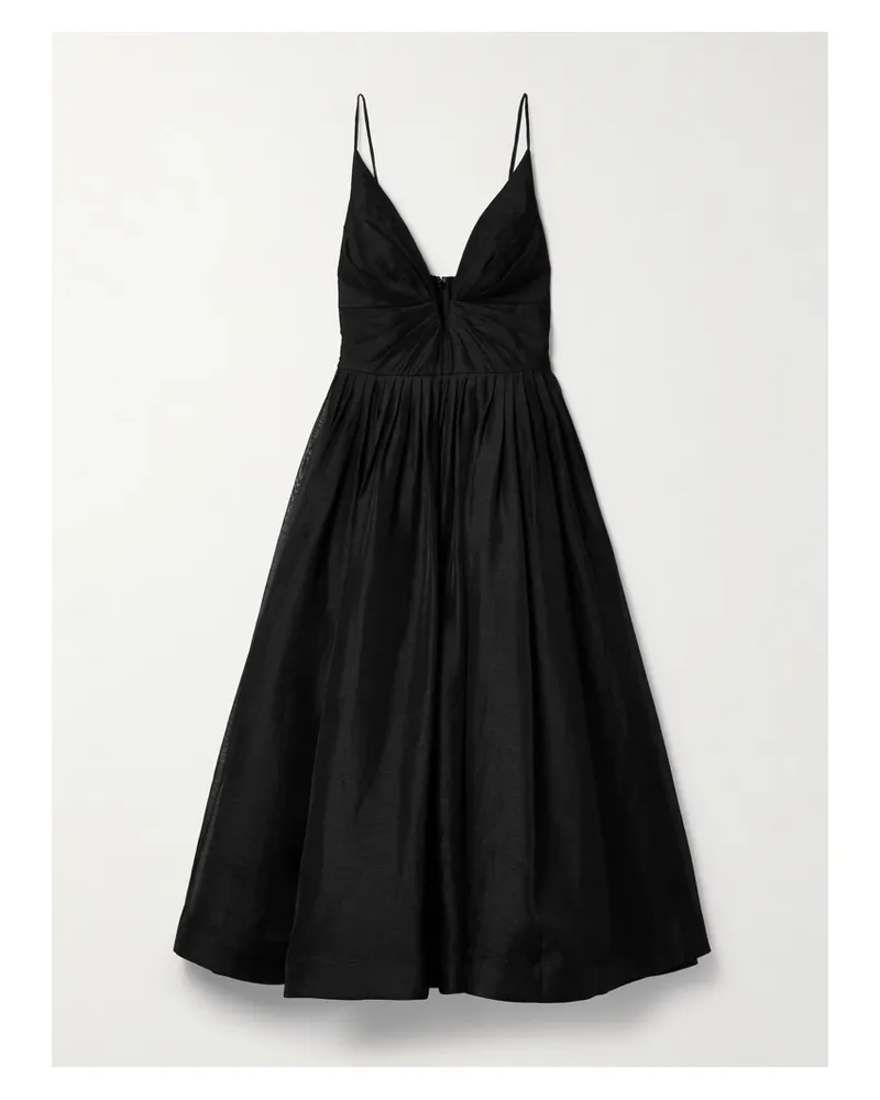 Zimmermann Illustration Midikleid Aus Einer Leinen-seidenmischung Mit Falten - Schwarz Schwarz