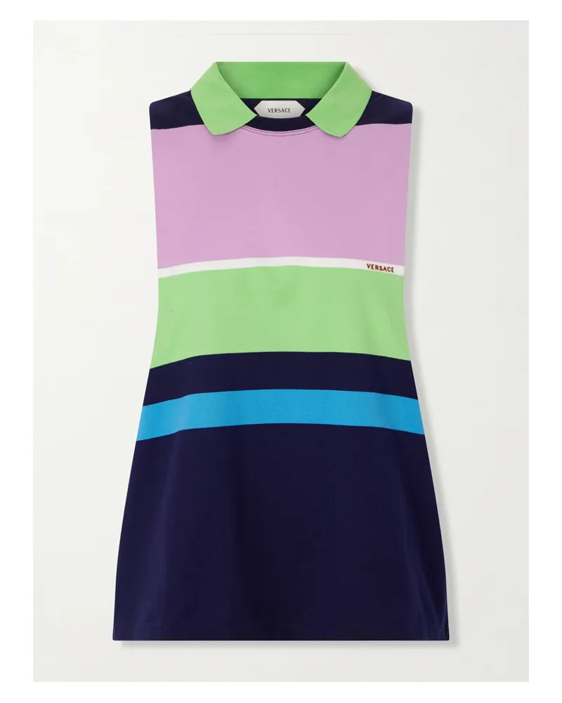 Versace Sleeveless Embroidered Striped Cotton T-shirt - Multi Multi