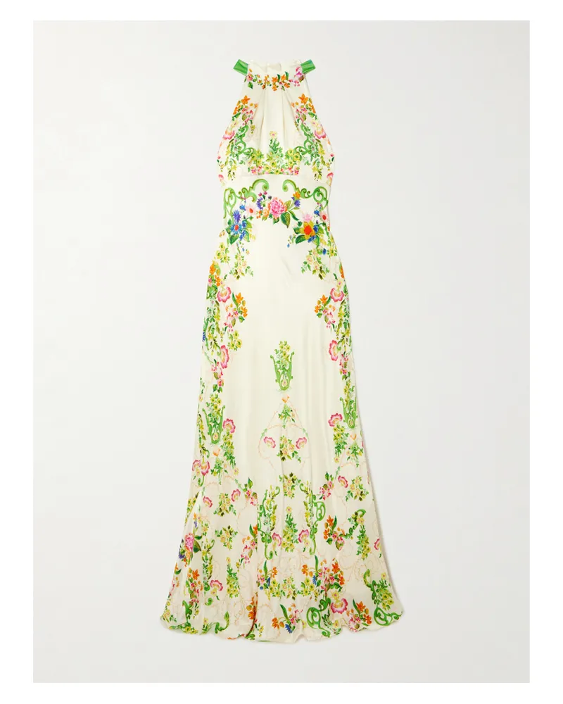 Saloni Michelle Neckholder-robe Aus Gehämmerter Seide Mit Blumenprint - Elfenbein Elfenbein