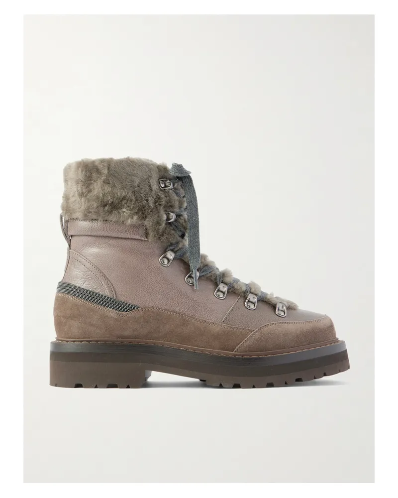Brunello Cucinelli Schnürstiefel Aus Veloursleder Mit Shearling-besätzen Und Zierperlen - Grau Grau