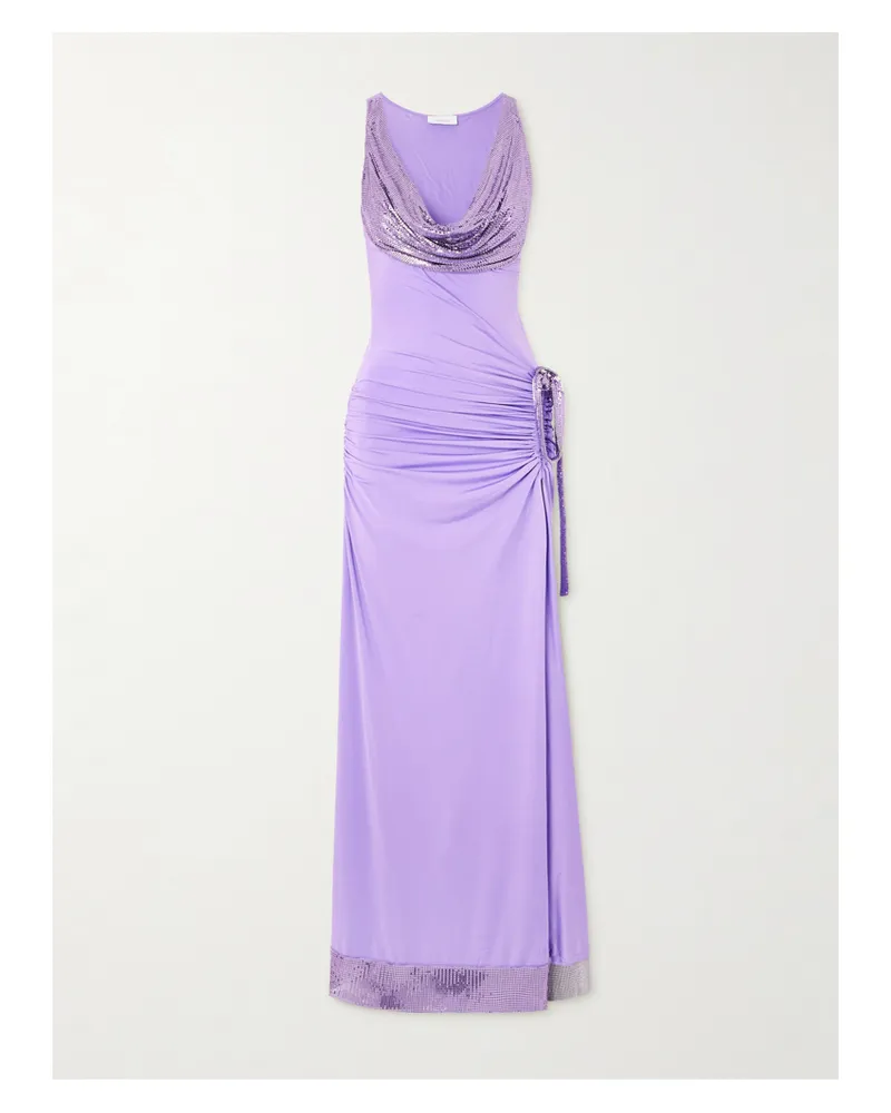 Paco Rabanne Maxikleid Aus Glänzendem Jersey Mit Metall-mesh-besätzen Und Raffungen - Lila Lila