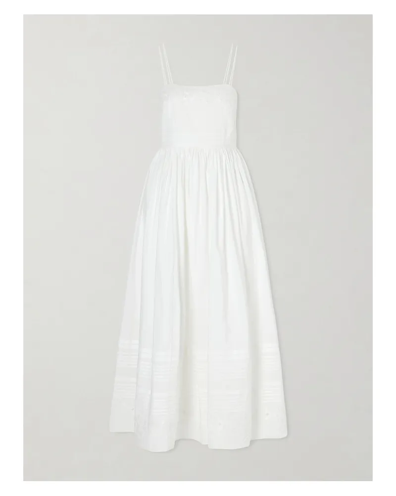 BODE Chamomile Pintucked Embroidered Cotton-poplin Midi Dress - White White