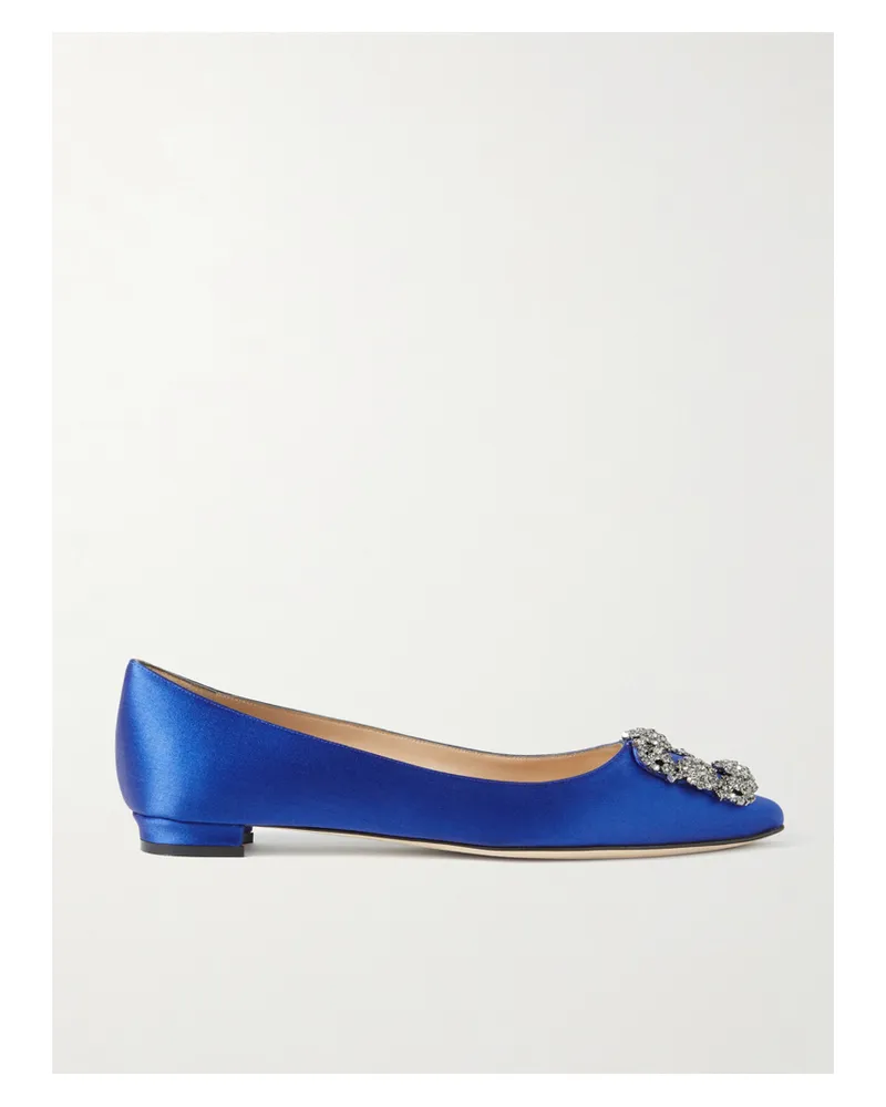 Manolo Blahnik Hangisi Crystal-embellished Satin Point-toe Flats - Blue Blue