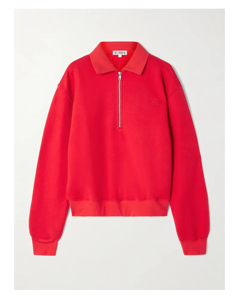 ÉTERNE Embroidered French Cotton And Modal-blend Terry Half-zip Sweatshirt Red