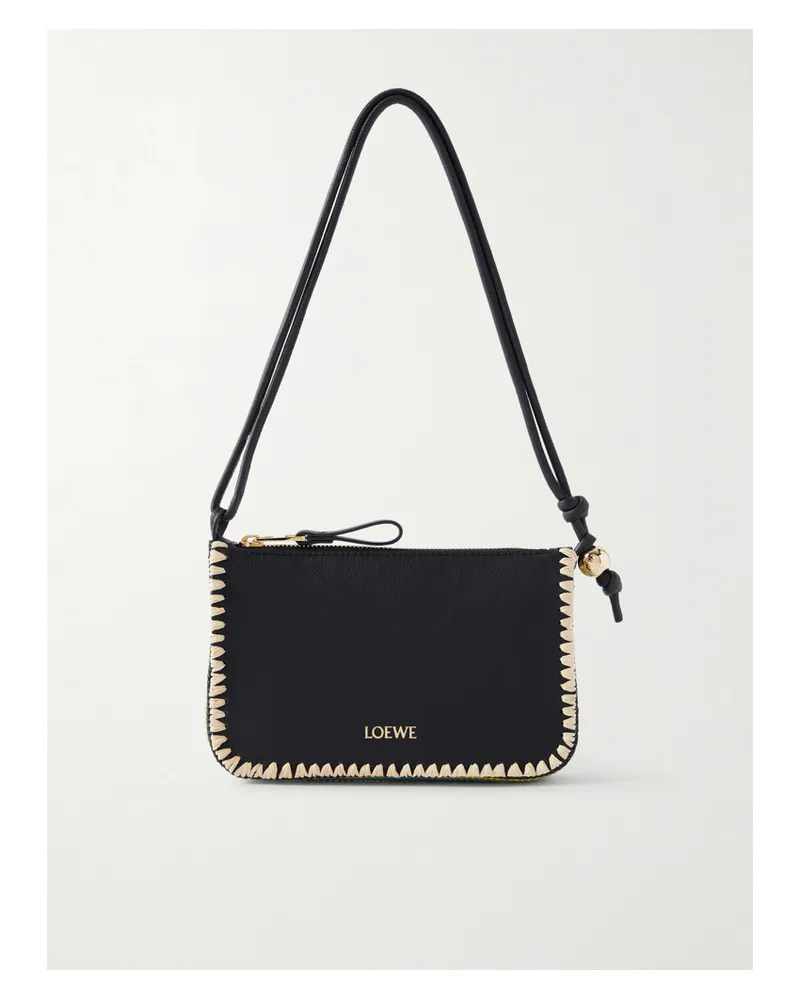 Loewe Paula's Ibiza Rio Raffia-trimmed Leather Shoulder Bag - Black Black