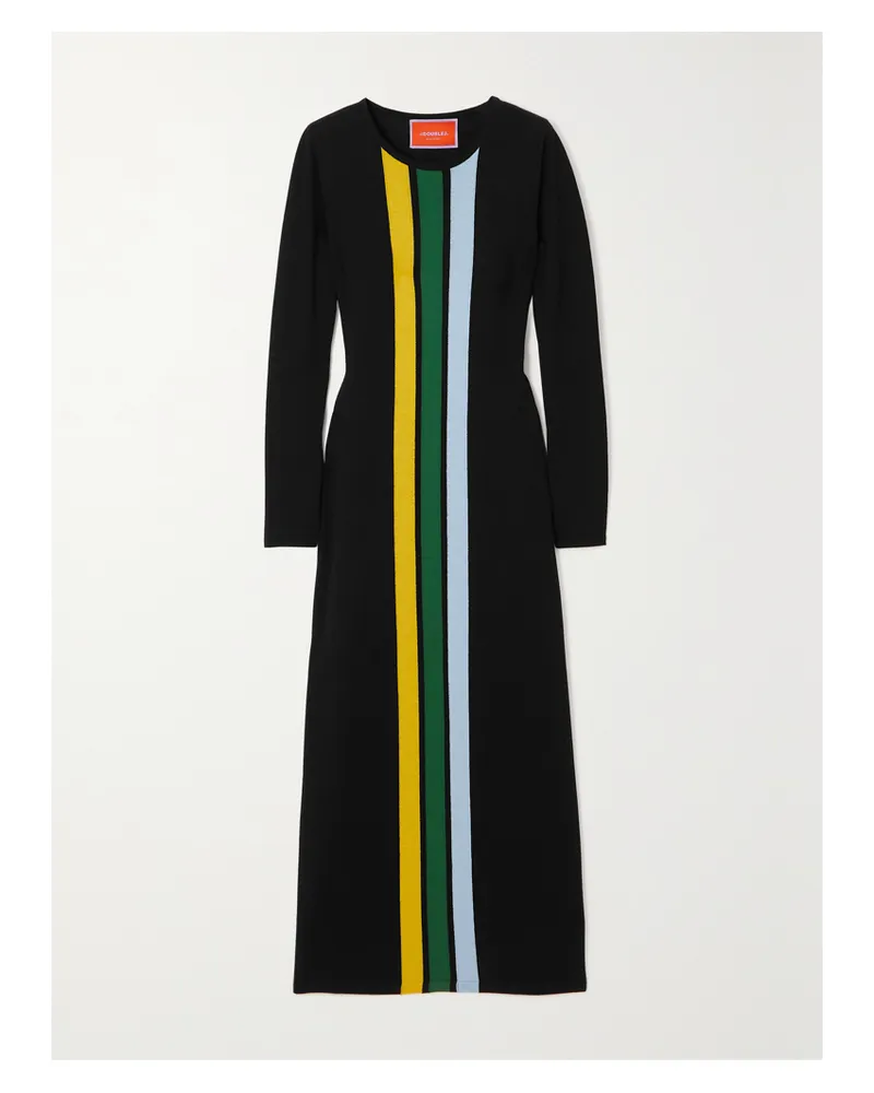 La DoubleJ London Maxikleid Aus Merinowolle Mit Intarsienstreifen - Schwarz Schwarz