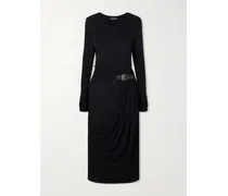 Belted Draped Jersey Midi Dress - Black