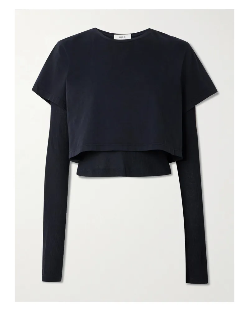 AGOLDE Cropped Layered Ribbed Organic Cotton-jersey T-shirt - Blue Blue