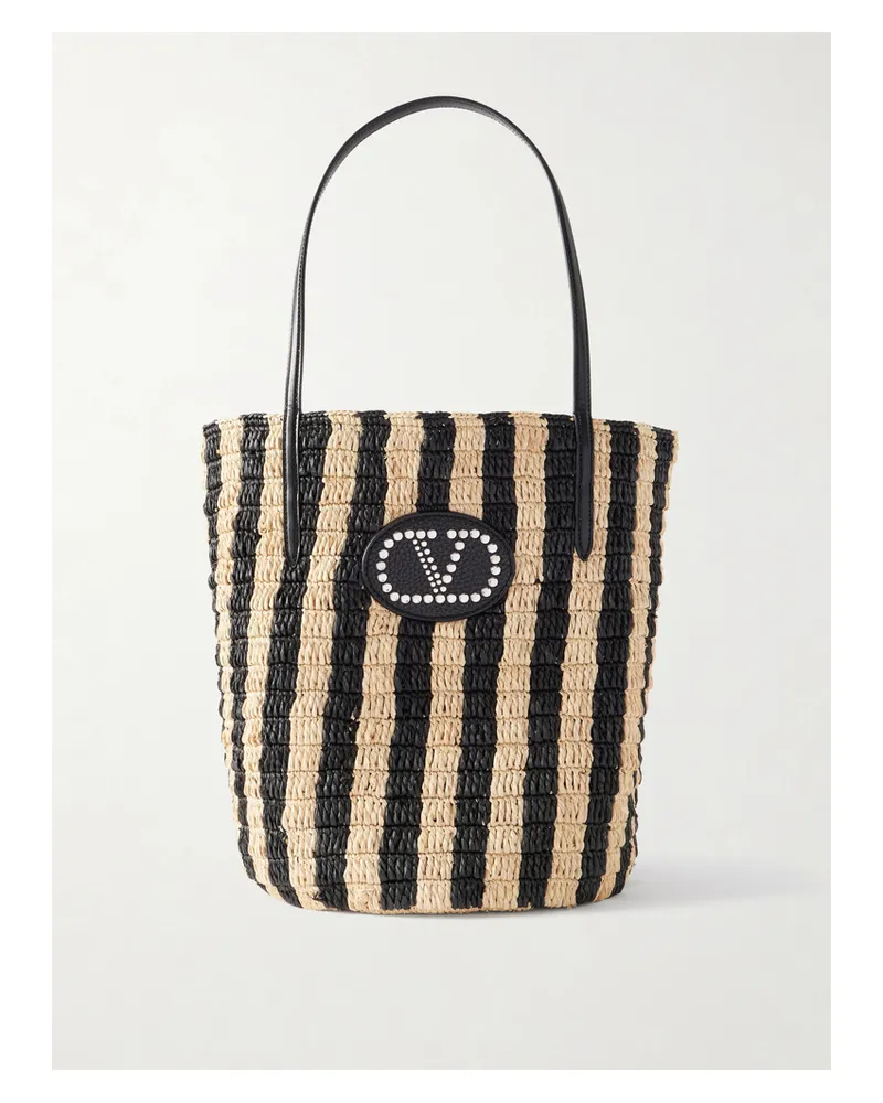 Valentino Garavani Vlogo Signature Small Leather-trimmed Striped Raffia Bucket Bag - Black Black
