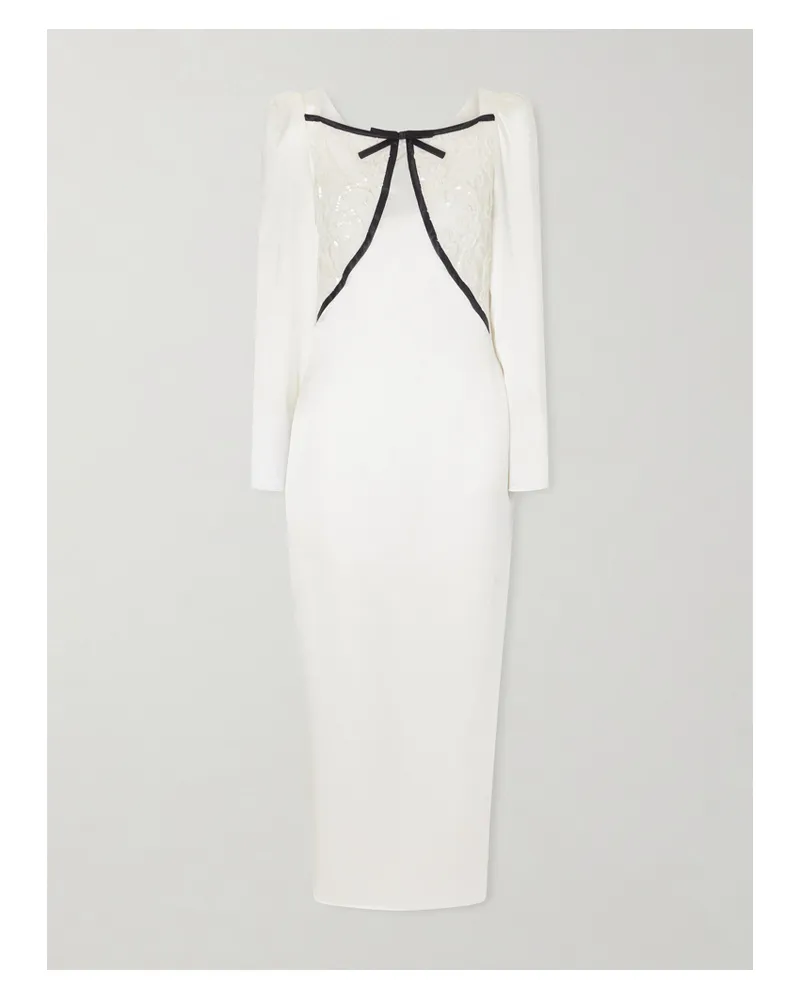 Alessandra Rich Bow-detailed Silk-satin And Sequin-embellished Lace Midi Dress - White White