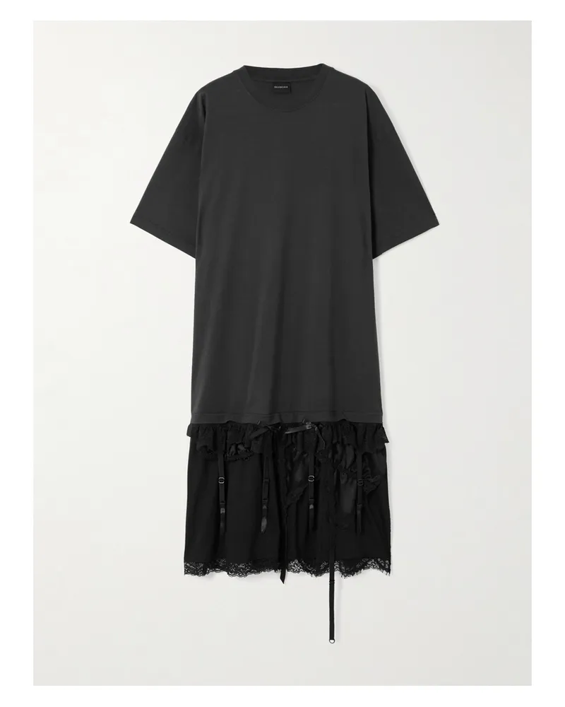 Balenciaga Mehrlagiges Minikleid Aus Baumwoll-jersey Und Seidensatin Mit Spitzenbesätzen - Schwarz Schwarz