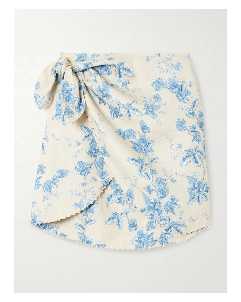 AGUA BENDITA Agustina Bougainvillea Pareo Aus Leinen Mit Blumenprint Und Kunstperlen - Blau Blau