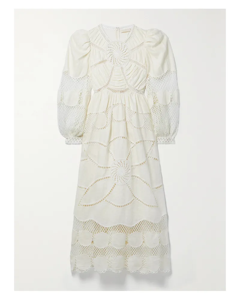 Ulla Johnson Estrella Midikleid Aus Leinen-voile Und Gehäkelter Baumwolle Mit Raffungen - Wollweiß Wollweiß