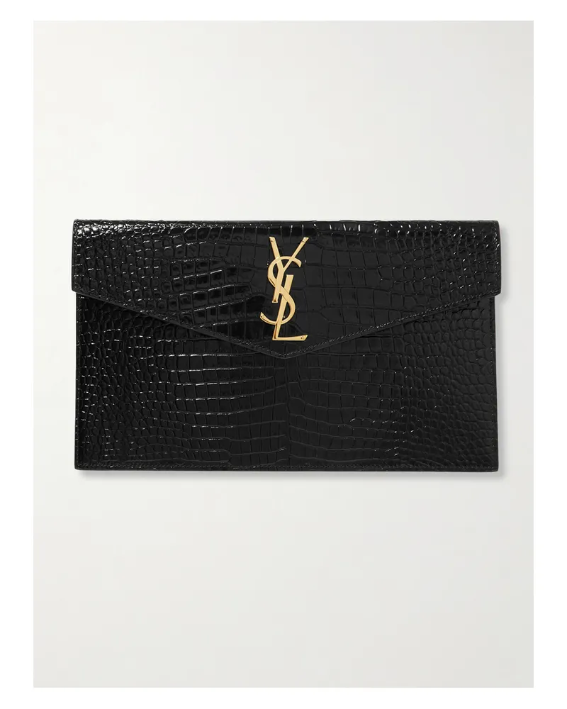 Saint Laurent Uptown Croc-effect Patent-leather Pouch - Black Black