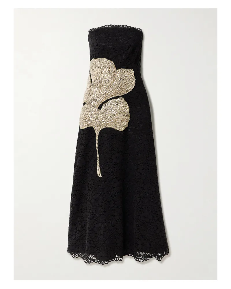 COSTARELLOS Hallis Schulterfreies Midikleid Aus Schnurgebundener Spitze Mit Kristallen - Schwarz Schwarz