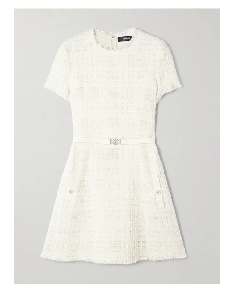 Versace Belted Metallic Cotton-blend Tweed Mini Dress - White White