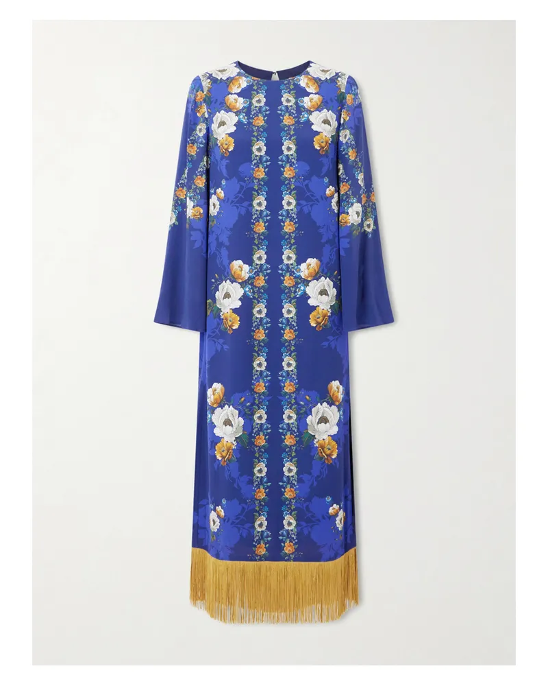 Borgo De Nor Fringed Floral-print Satin-crepe Maxi Dress - Blue Blue