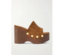 60 Studded Suede Platform Wedge Mules - Brown