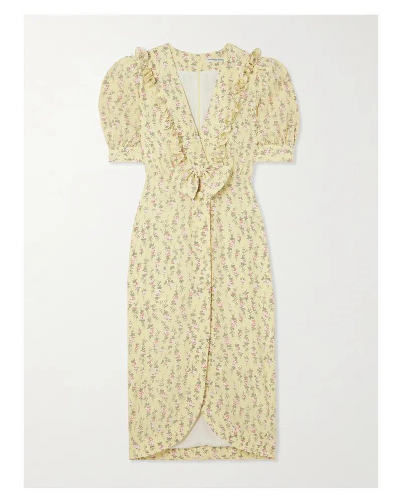 Alessandra Rich Garden Party Midikleid Aus Crêpe De Chine Aus Seide Mit Blumenprint Und Schleife - Gelb Gelb