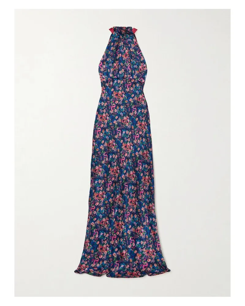 Saloni Michelle Maxikleid Aus Seidensatin Mit Blumenprint Und Rückenausschnitt - Blau Blau