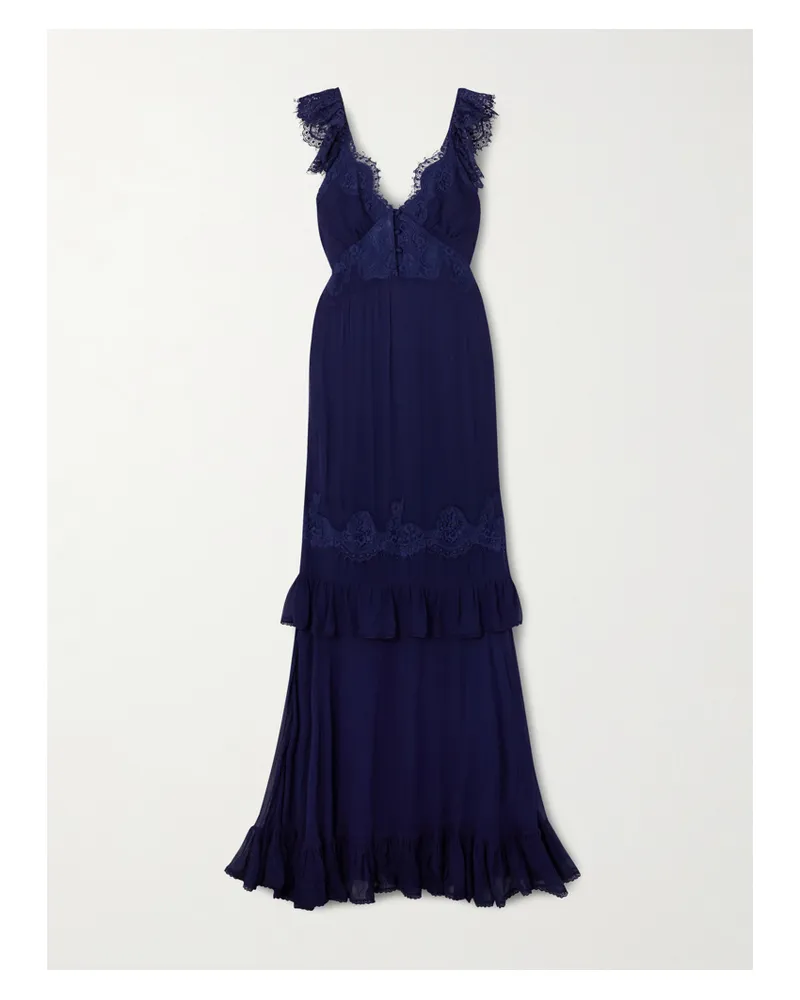 Self-Portrait Maxikleid Aus Georgette Mit Spitzeneinsätzen - Blau Blau