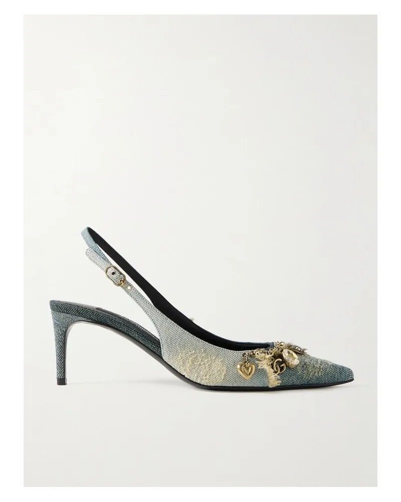 Dolce & Gabbana Slingback-pumps Aus Denim In Distressed-optik Mit Fransen Und Verzierungen - Blau Blau