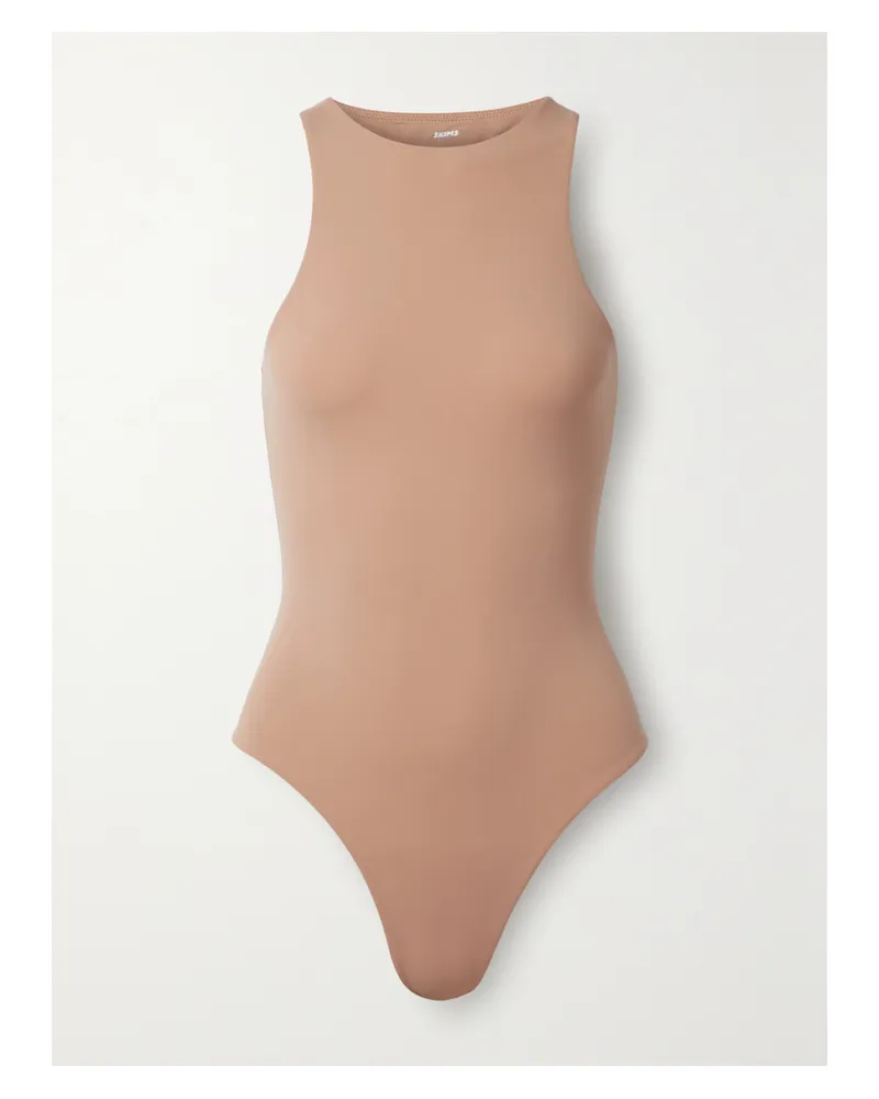 SKIMS Fits Everybody High Neck Bodysuit – Ochre – String-body Aus Glänzendem Stretch-jersey - Neutral Neutral