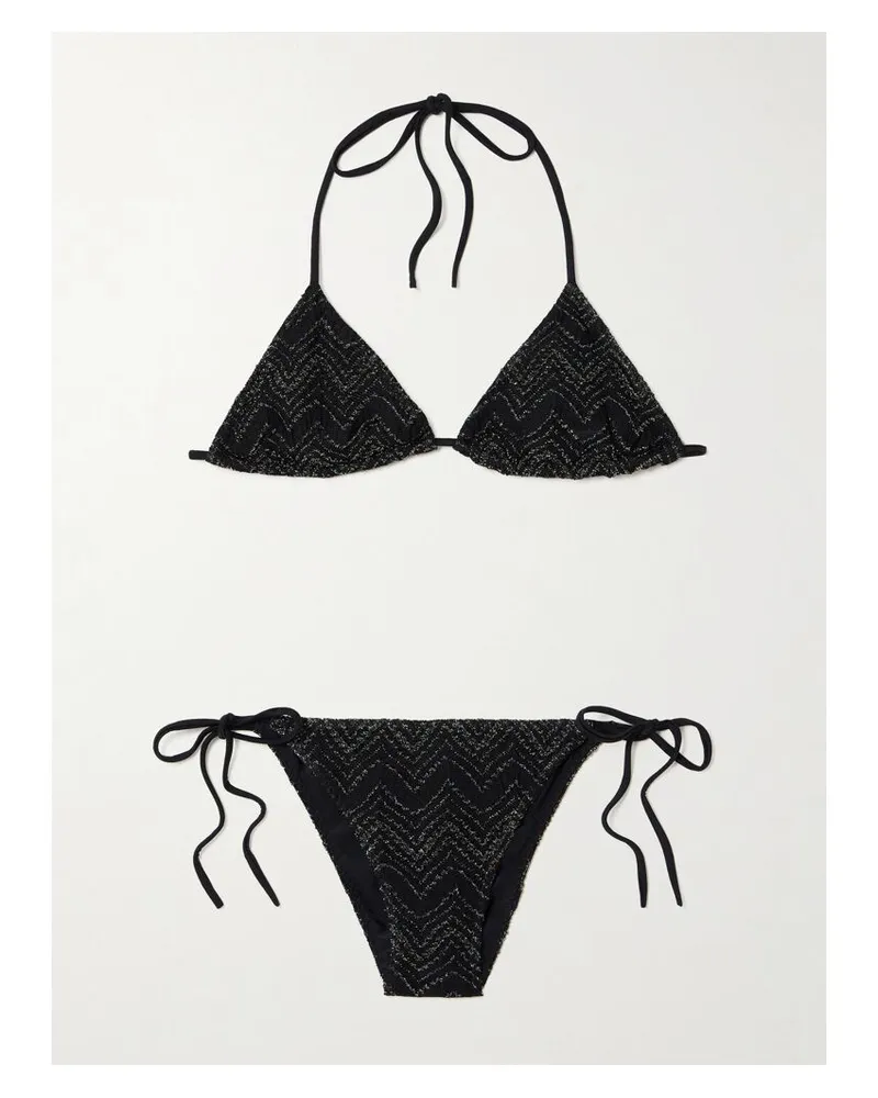 Missoni Mare Triangel-bikini Aus Gestreiftem Metallic-häkelstrick - Schwarz Schwarz