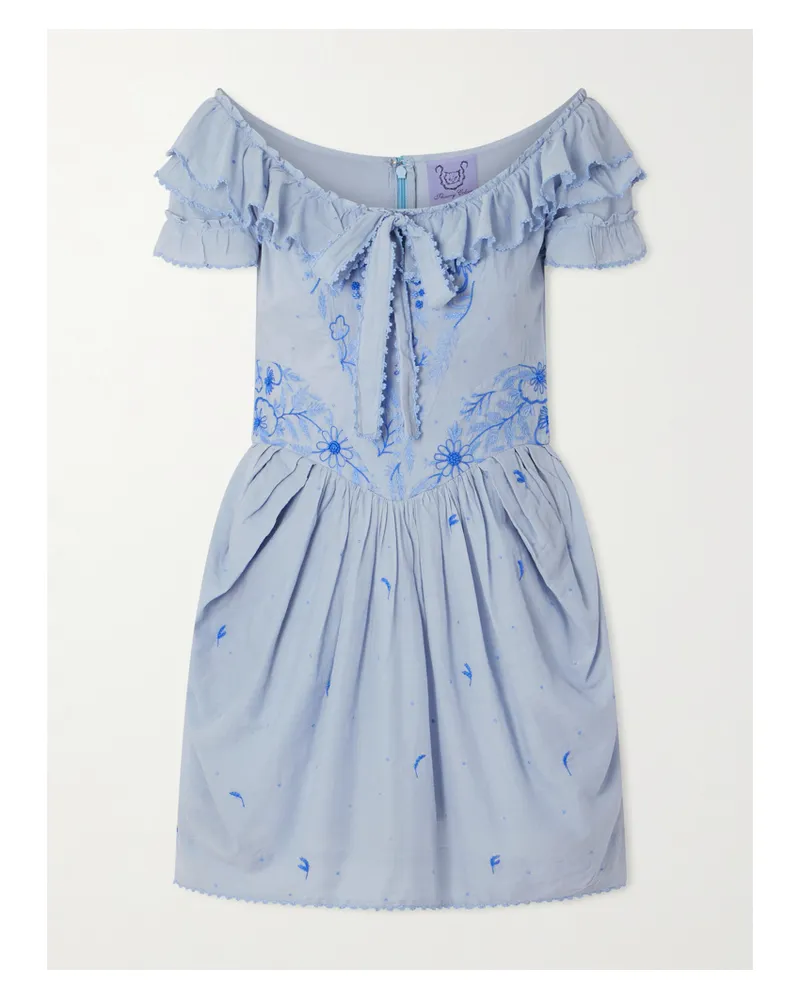 Thierry Colson Falbala Schulterfreies Minikleid Aus Baumwoll-voile Mit Schleife, Rüschen, Raffungen Und Stickereien - Blau Blau