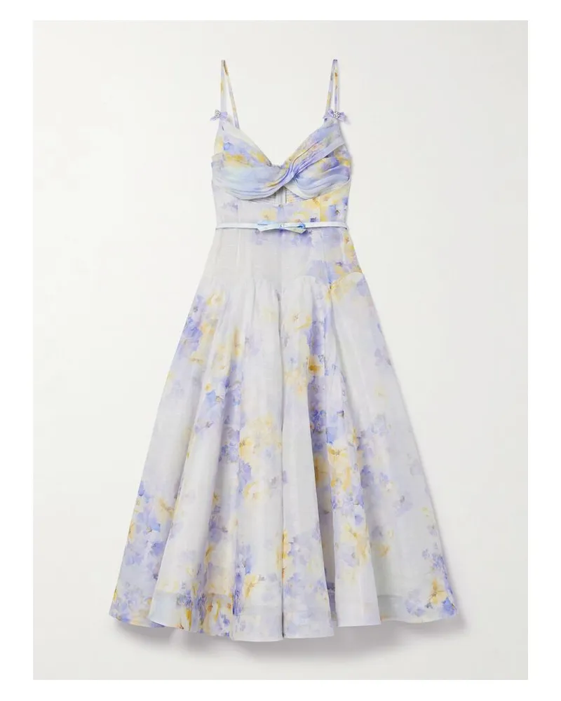 Zimmermann Crush Midikleid Aus Organza Aus Einer Leinen-seidenmischung Mit Blumenprint, Gürtel, Twist-detail Und Verzierungen - Lila Lila