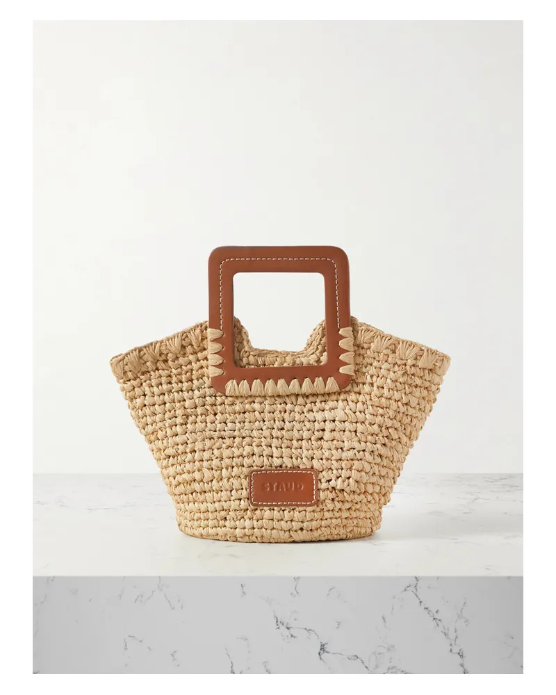 STAUD Sienna Mini Leather-trimmed Raffia Tote - Brown Brown