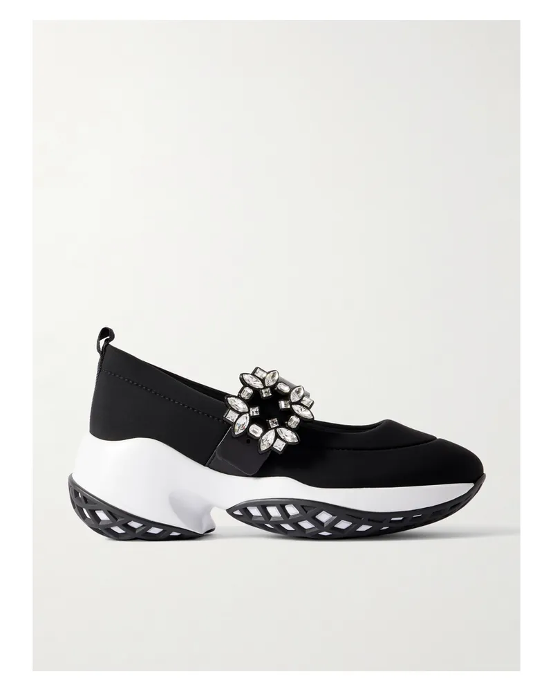 Roger Vivier Viv Run Crystal-embellished Stretch And Leather Sneakers - Black Black