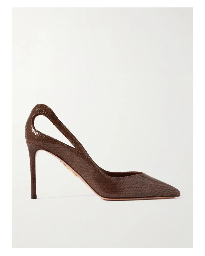 Aquazzura Sheeva 85 Pumps Aus Leder Mit Schlangeneffekt Und Cut-out - Braun Braun