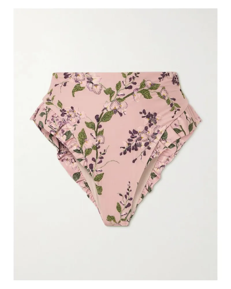 AGUA BENDITA Jengibre Wisteria Bikini-höschen Aus Recyceltem Stretch-material Mit Rüschen, Stickereien Und Blumenprint - Pink Pink