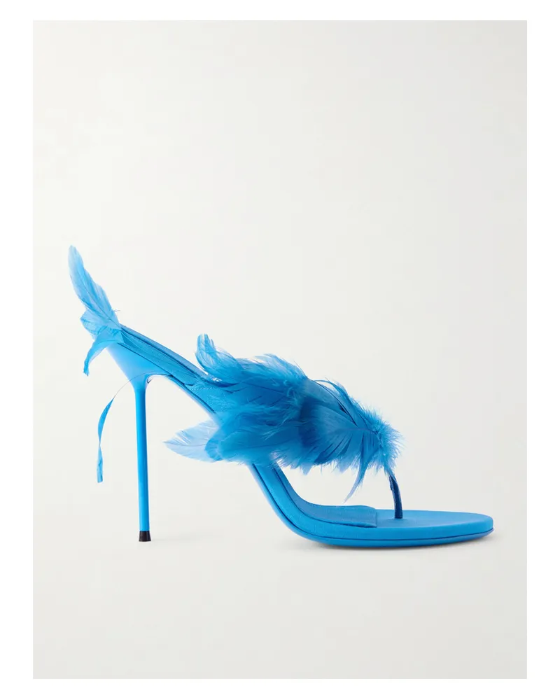 Paris Texas Lidia Feather-trimmed Satin Mules - Blue Blue